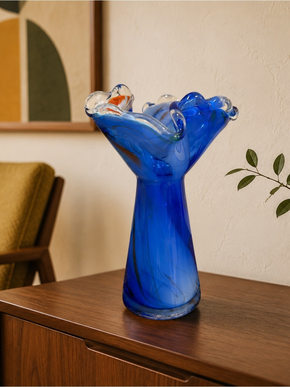 Vintage Hand-Blown Cobalt Blue Art Glass Vase Ruffled Rim Swirl Boho MCM Décor